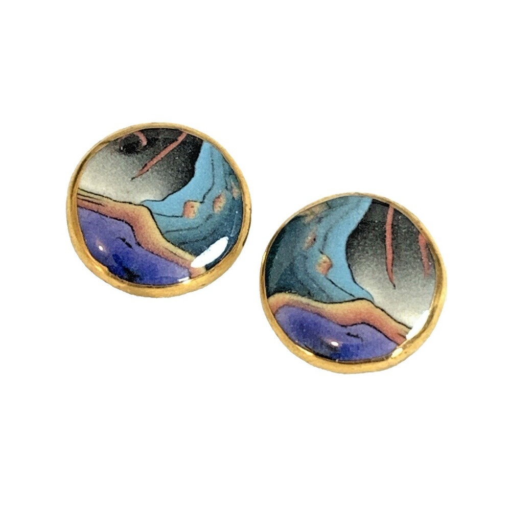 Vintage Abstract Enamel Earrings Gold Tone Ocean Wave Landscape Art Post Studs